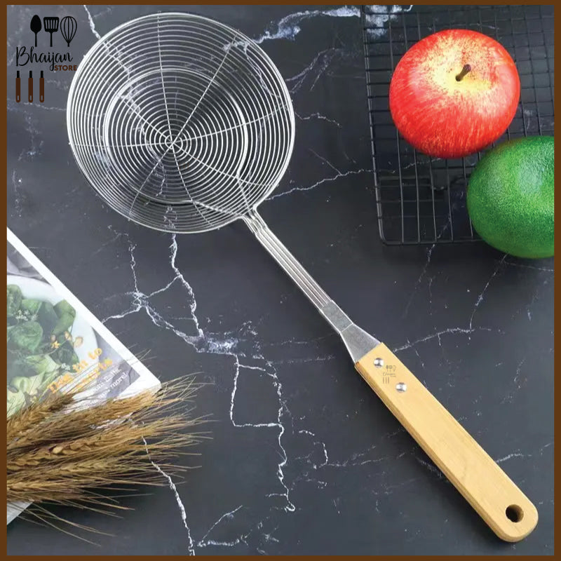 Stainless Steel Spider Strainer Double Round Wooden Handle