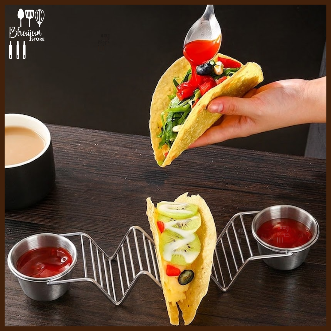 Stainless Steel Taco Holder Rack with Sauce Ramekins