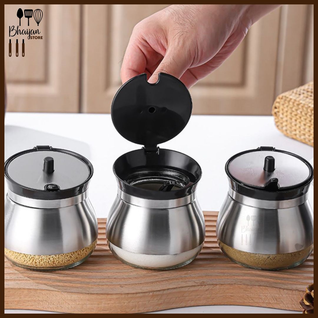 Glass Seasoning Jar Set (3-Piece) – Moisture-Proof Salt & Pepper Jars with Lid and Spoon