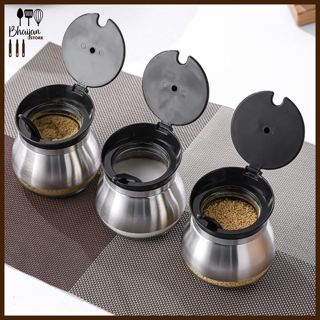 Glass Seasoning Jar Set (3-Piece) – Moisture-Proof Salt & Pepper Jars with Lid and Spoon