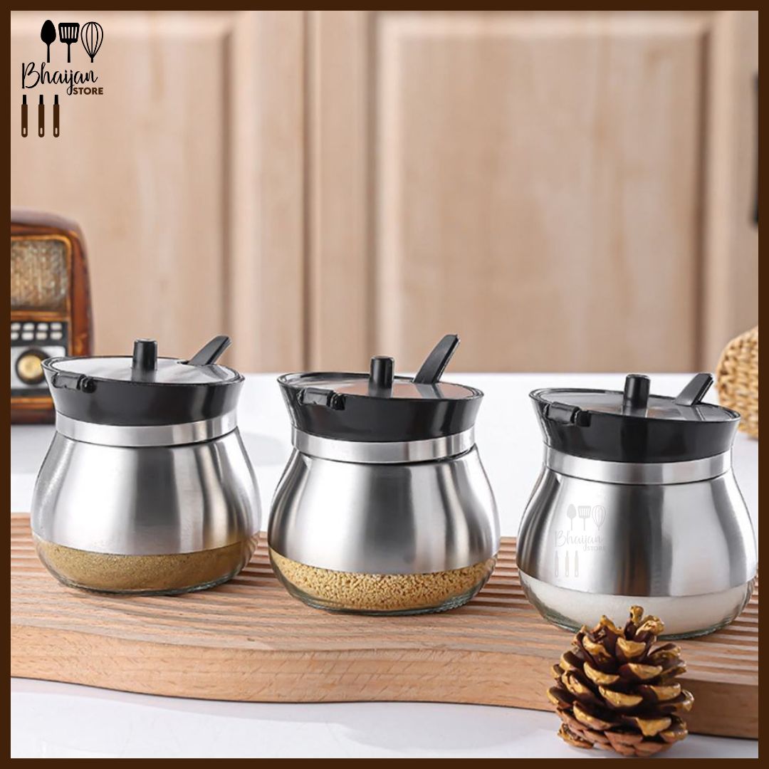 Glass Seasoning Jar Set (3-Piece) – Moisture-Proof Salt & Pepper Jars with Lid and Spoon