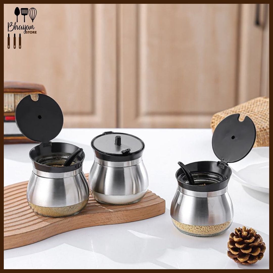 Glass Seasoning Jar Set (3-Piece) – Moisture-Proof Salt & Pepper Jars with Lid and Spoon