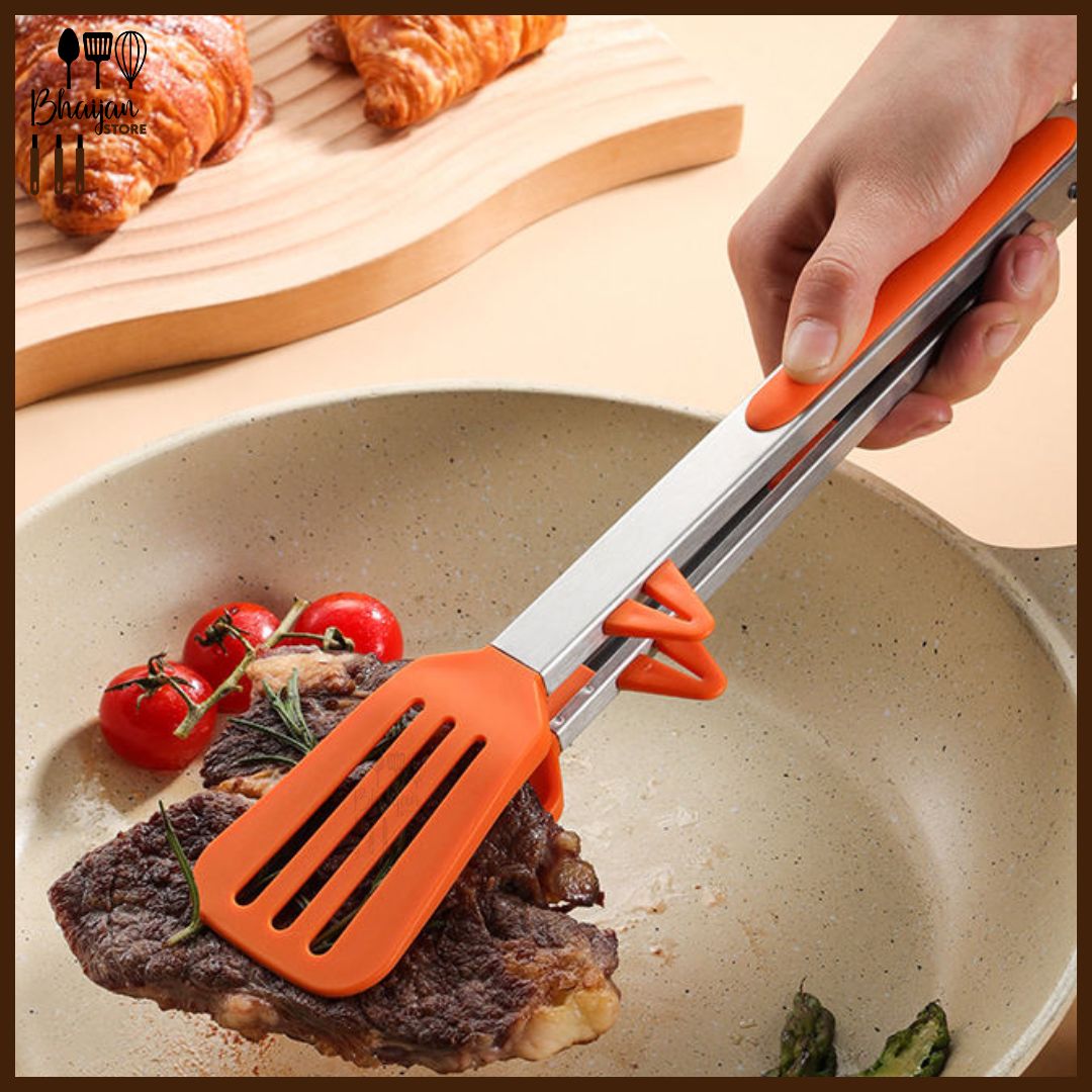Multi-Purpose Stainless Steel Silicone Kitchen Food Tongs (304 Steel, Locking Handle)
