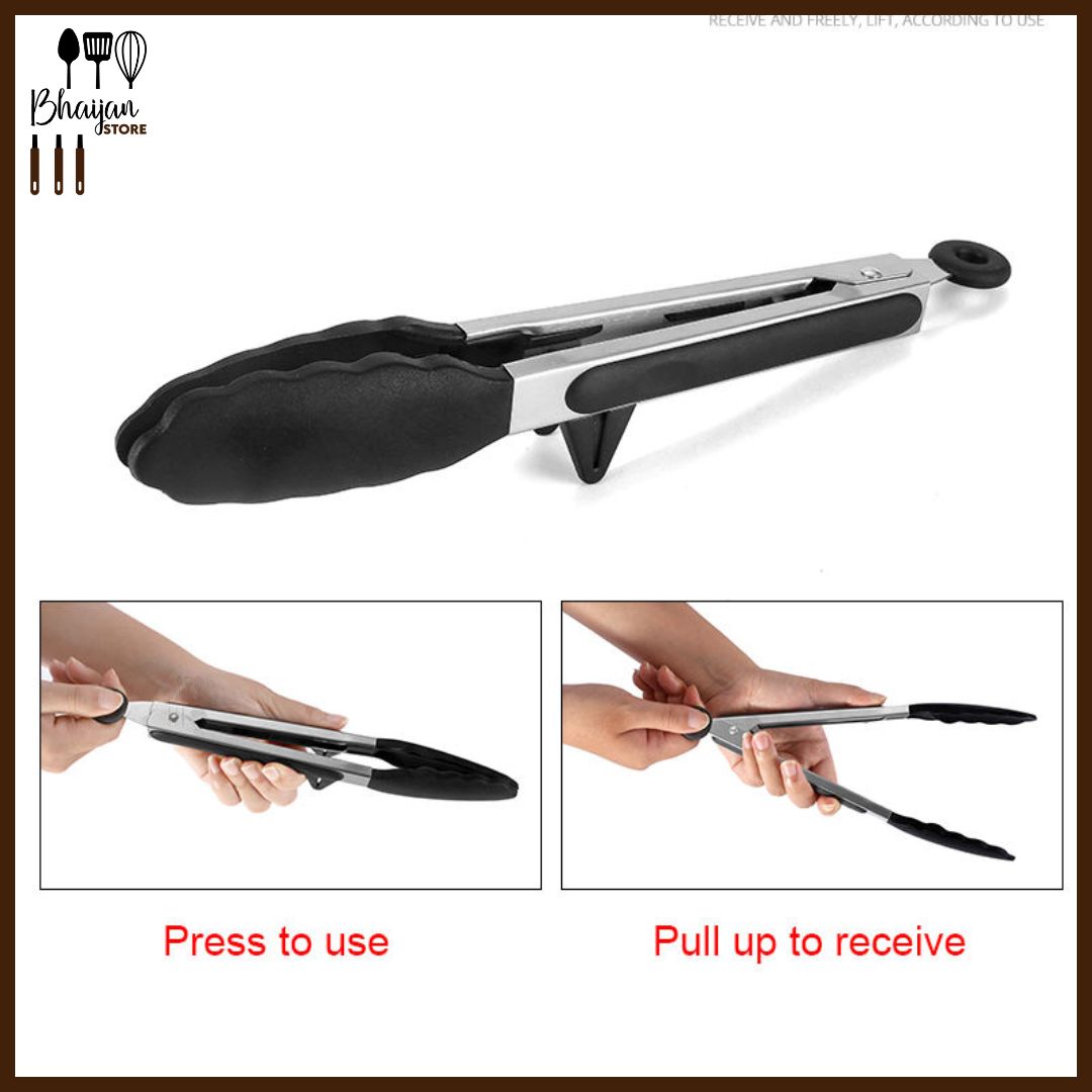 Stainless Steel Locking Silicone Food Tongs with Stand