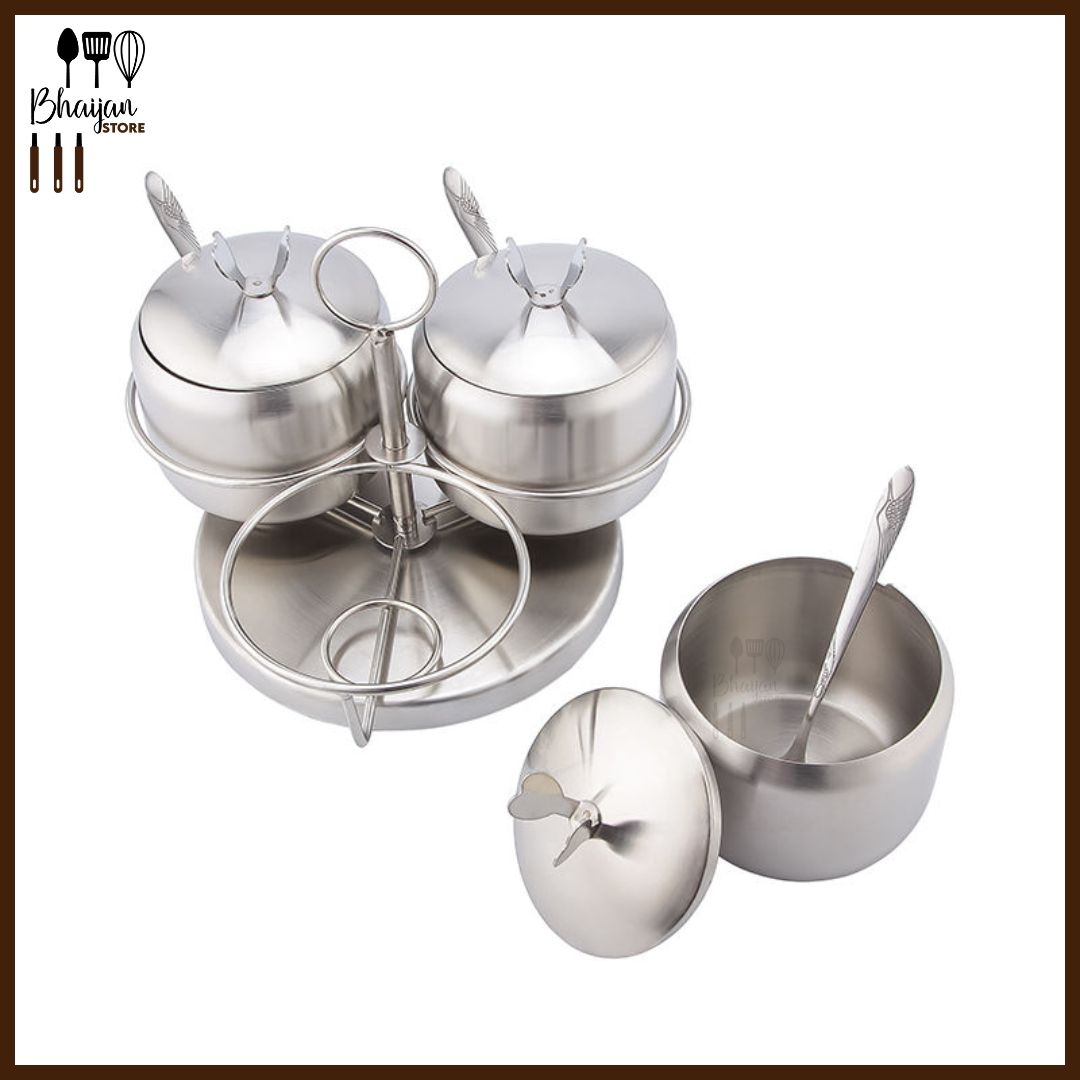 Stainless Steel Rotating Spice Jar Set (3-Piece) with Rack