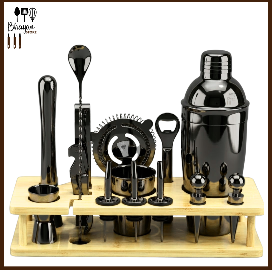 Stainless Steel Bar Tool Set with Bamboo Organizer 14-peices